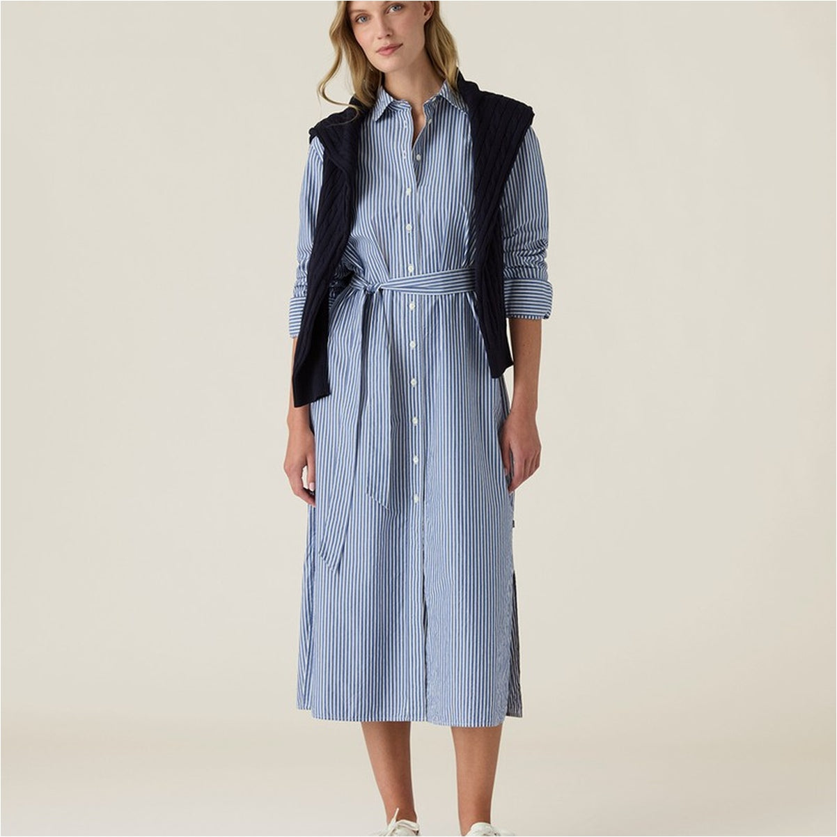 Women's Blue Striped Button-Up Midi Shirt Dress1