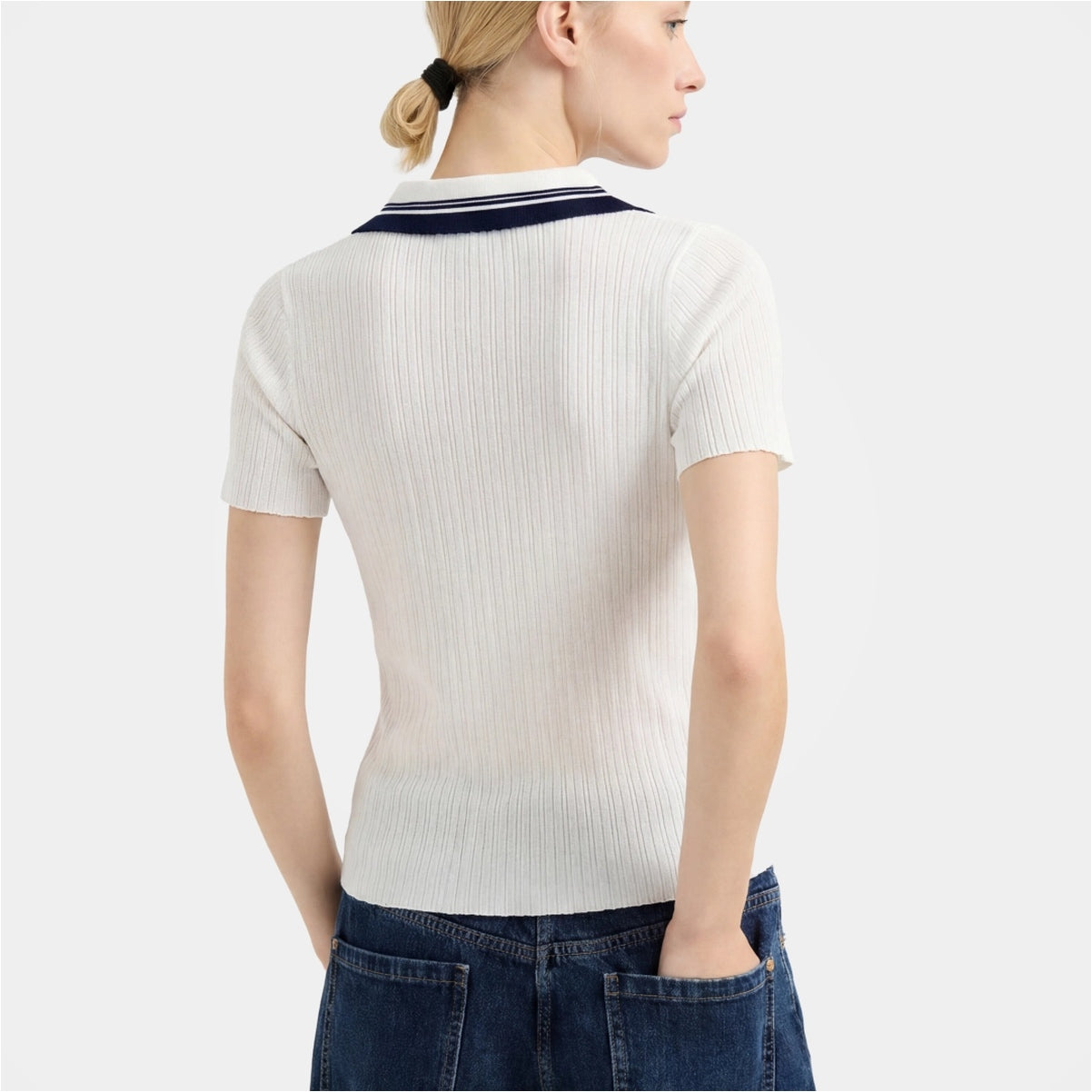 Women's White Ribbed Knit Polo Top