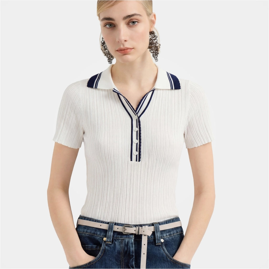 Women's White Ribbed Knit Polo Top